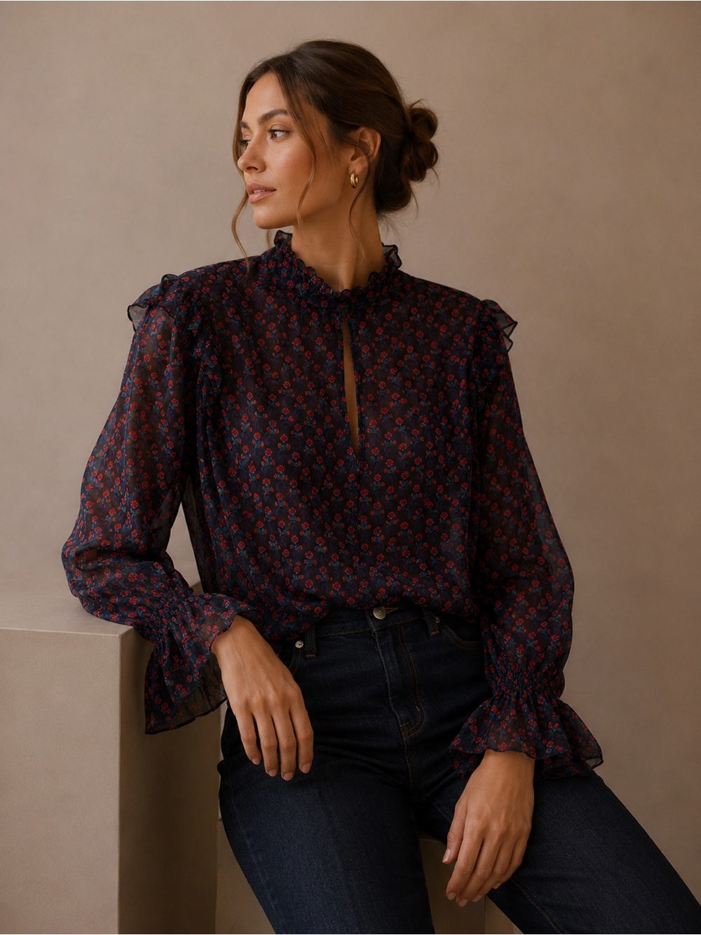 bebe Navy Floral Ruffle High-Neck Blouse with Red Motif Romantic Size Medium